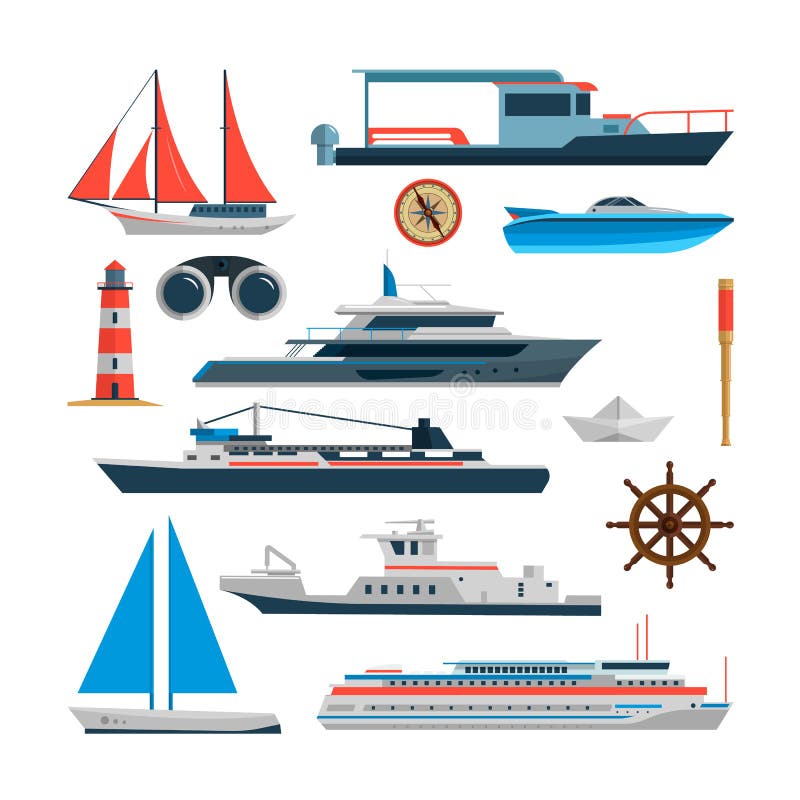 Sea vector set of ships, boats and yacht isolated on white background. Marine transport design elements, icons in flat vector illustration Sea vector set of ships, boats and yacht isolated on white background. Marine transport design elements, icons in flat vector illustration