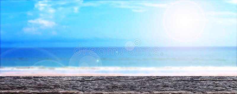 Sea view with old timber, horizontal wood plank and horizon sea beach for background, copy space