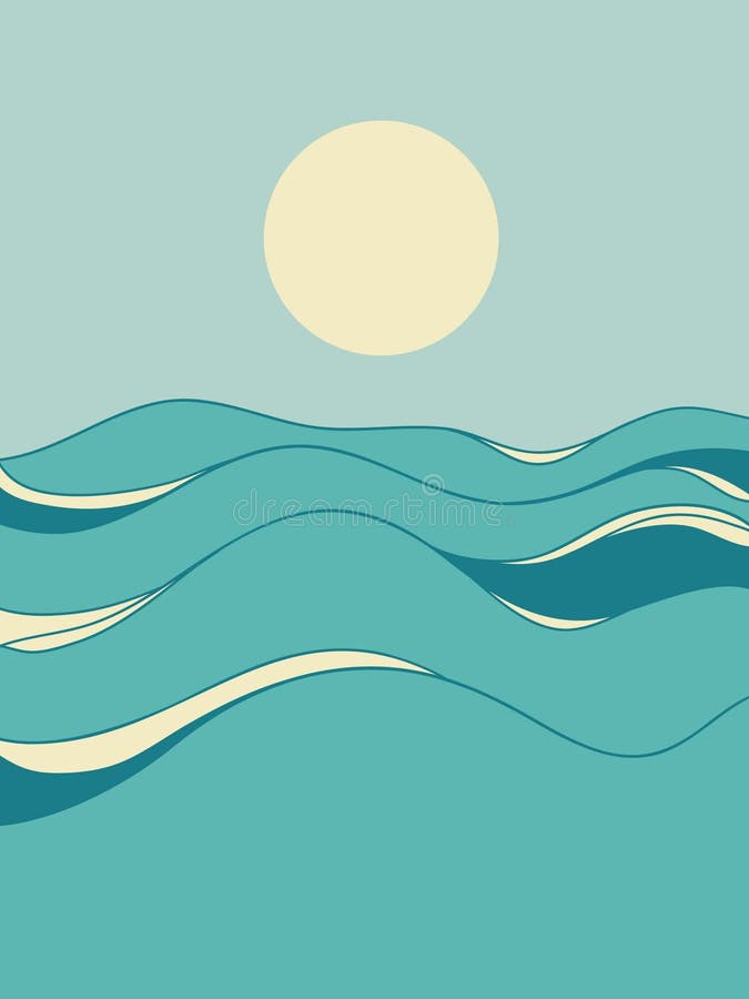 Sea waves vintage seascape with sun horizone poster. Sea minimalist modern line art blue landscape illustration background.