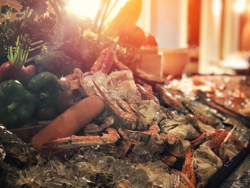 Seafood Buffet Bar of Lobster, Prawns, Squid, Mussels Stock Photo