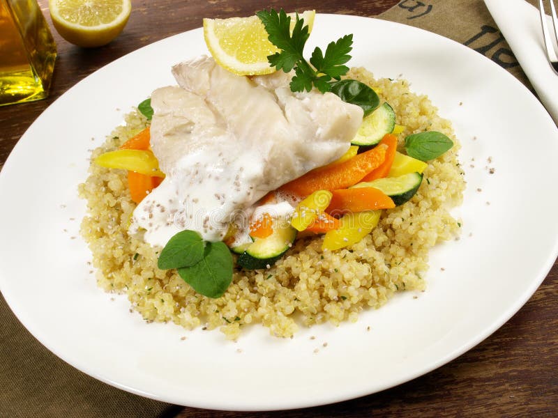 Seafood Cooked Pollack Fish with Quinoa Stock Image Image of health