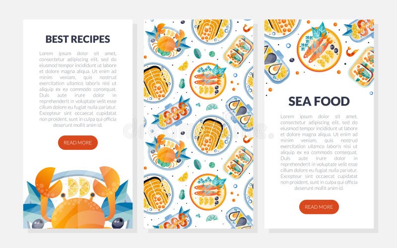 Seafood Design with Fish and Shellfish Dish Served on Plate Vector