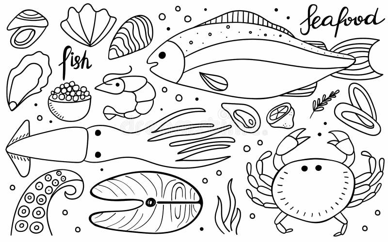 Seafood doodle set. Crab and shrimp, fish, oyster and octopus tentacles line hand drawn collection, ocean products for cafe