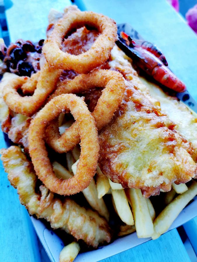 Seafood Fish and Chips on a Plate Stock Photo Image of breakfast