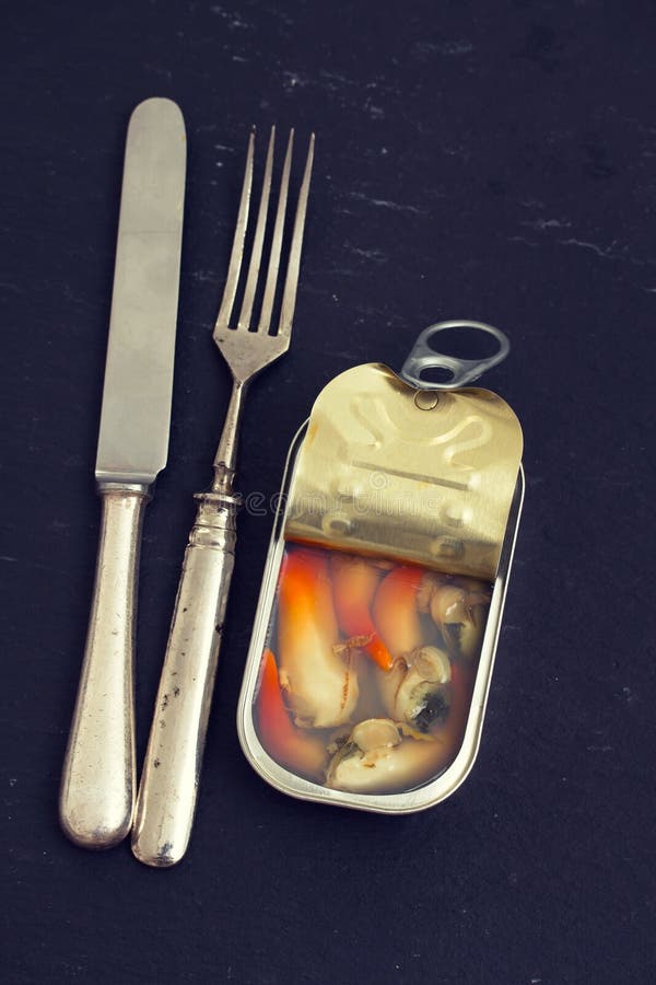Seafood in Iron Box on Black Background Stock Photo Image of canned