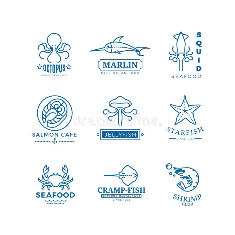 Seafood labels thin line vector logos, emblems stock illustration
