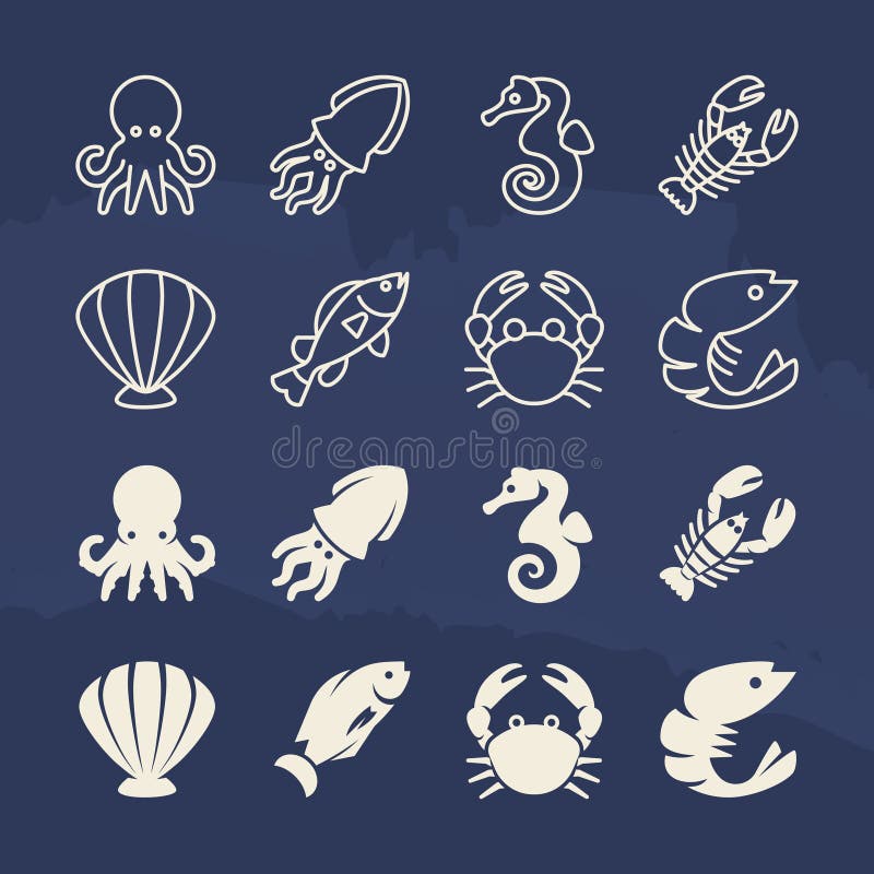 Seafood linear and silhouette icons set on grunge background vector illustration
