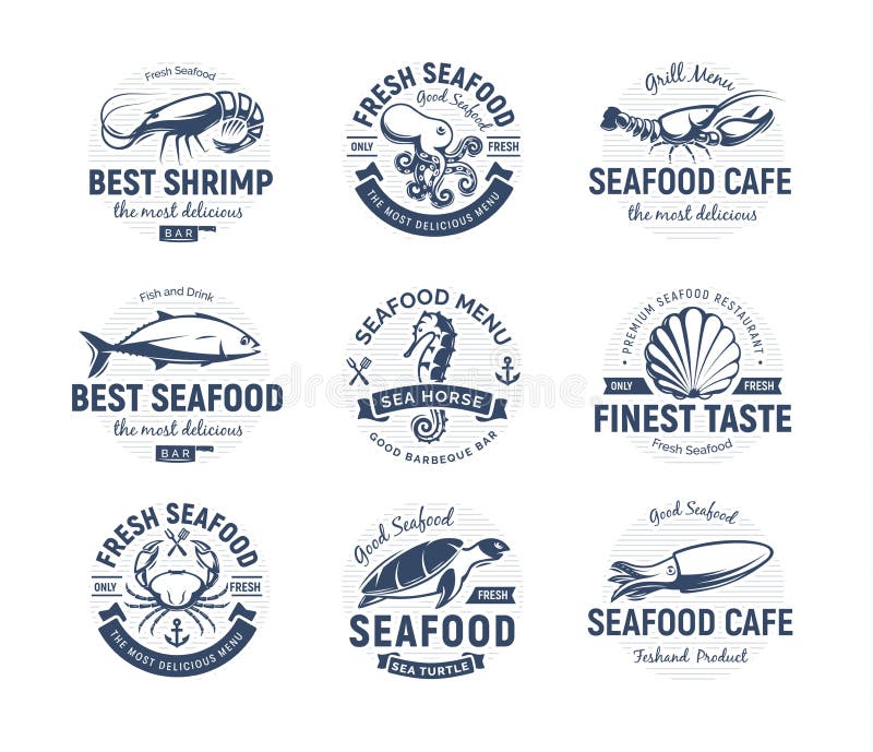 Seafood logo set. Sea creatures, fishing or restaurant emblems. Retro style logo template. Modern emblem idea. Concept