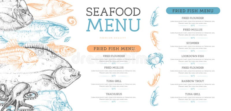 Seafood Menu Design with Different Kinds of Fish. Stock Vector ...
