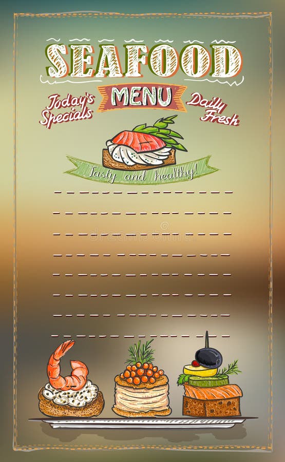 Seafood menu list vector illustration with fish canapes vector illustration