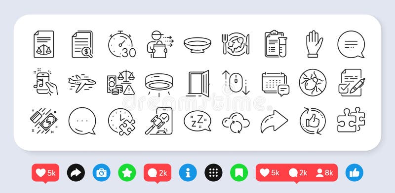 Seafood Music Phone och Cloud sync Line-ikonpaket. För webbapp. Sociala medieikoner. Vector royaltyfri illustrationer