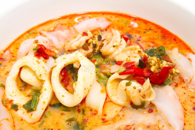 Spicy seafood noodle in coconut soup, Thailand style.