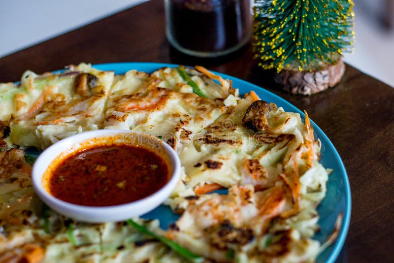 Seafood Pancake with Shrimp and Spring Onion and Sauce Stock Image
