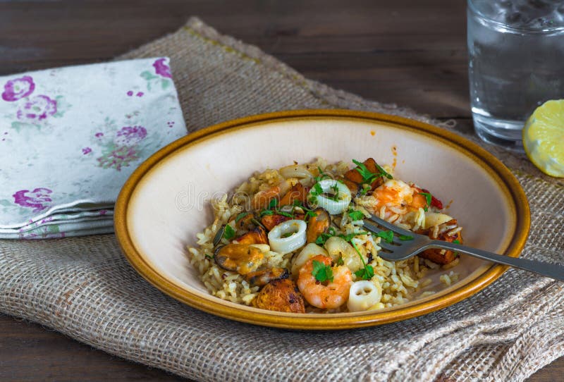 Seafood pilaf or risotto stock photo. Image of healthy 84152664