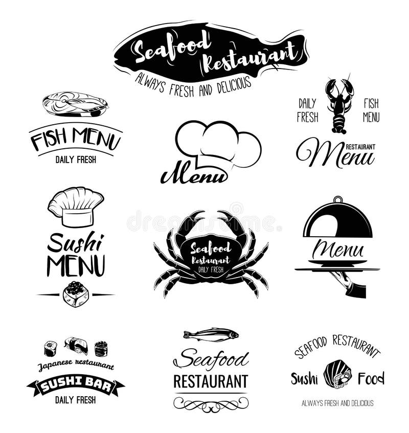 Seafood restaurant. The Menu Design.Labels and Badges food and drinks. Crab, Lobster, Shrimp, Salmon. Sushi and Rolls stock illustration Seafood restaurant. The Menu Design.Labels and Badges food and drinks. Crab, Lobster, Shrimp, Salmon. Sushi and Rolls stock illustration