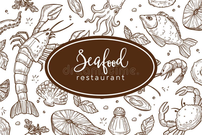 Seafood restaurant sketch poster for menu or tablemat template.