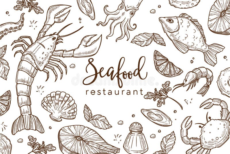 Seafood restaurant sketch poster for menu or tablemat template.