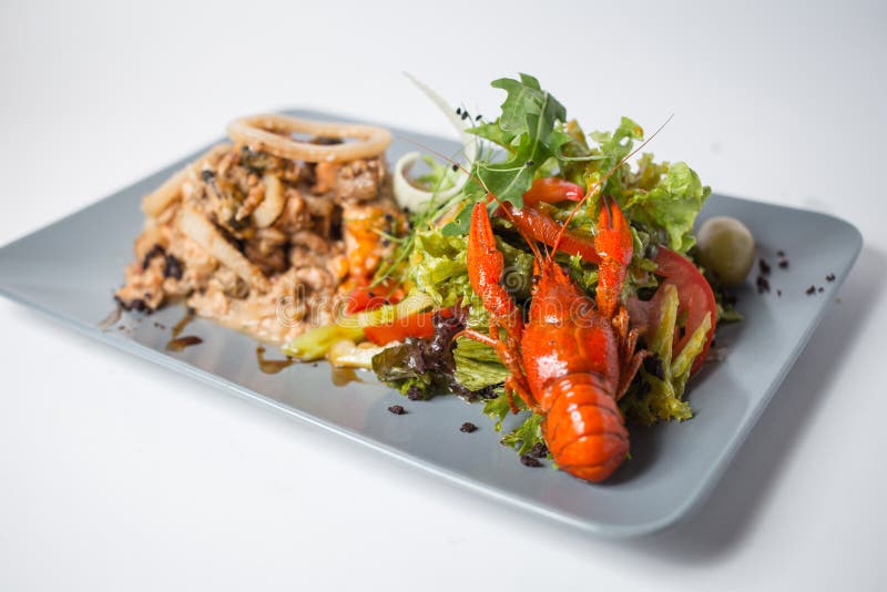 Seafood Salad with Squid, Crayfish, Mussels and Green Stock Photo Image of meal, green 128778146