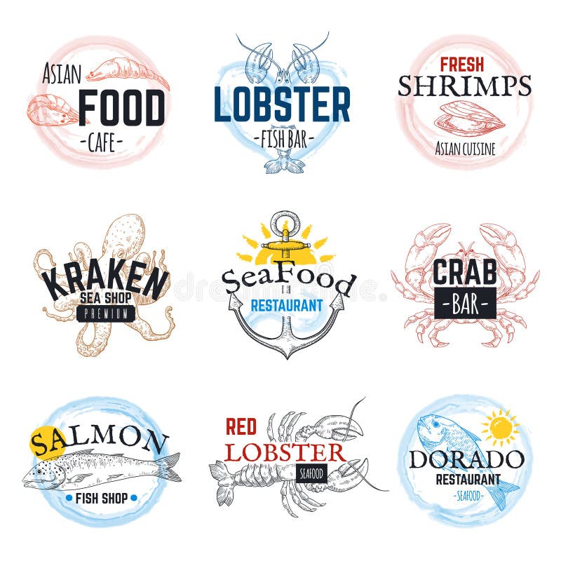 Seafood sketch logos. Vintage hand drawn marine labels, salmon tuna squid and octopus emblem design. Vector ocean food stock illustration