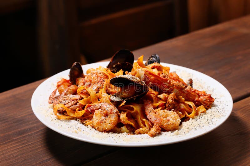 Seafood Tomato Sauce Spaghetti on the Table Stock Image Image of