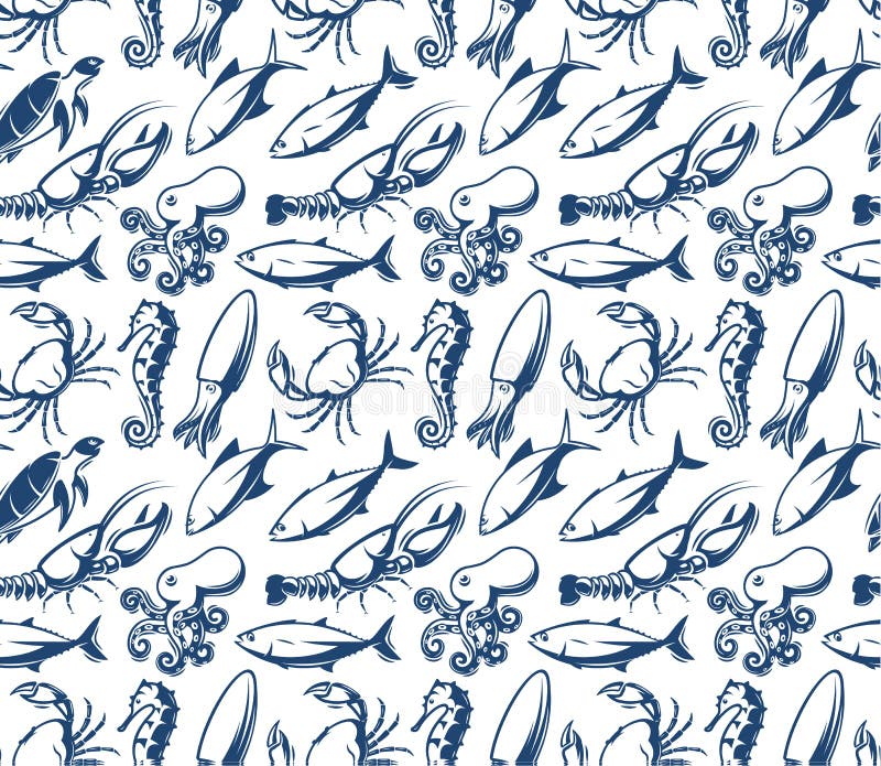 Seafood vector pattern. Sea creatures, fish. Fishing and restaurant business texture design. Blue silhouette of fish