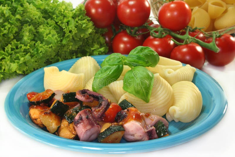 Seafood and Vegetables with Pasta Stock Image Image of octopus