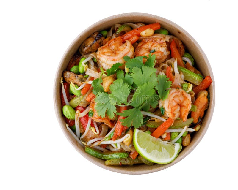 Seafood wok on white background for online restaurant menu top view