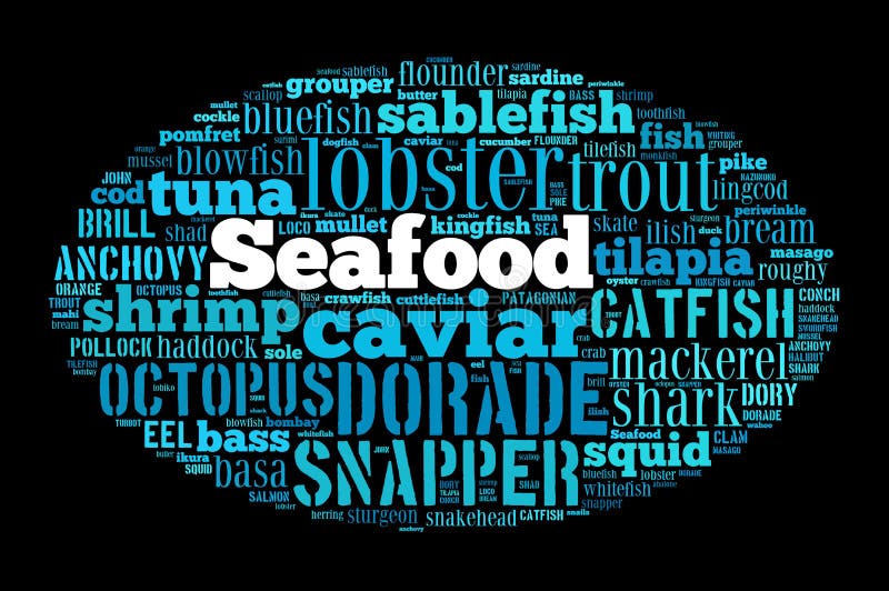 Seafood word cloud stock illustration. Illustration of cuisine 96724324
