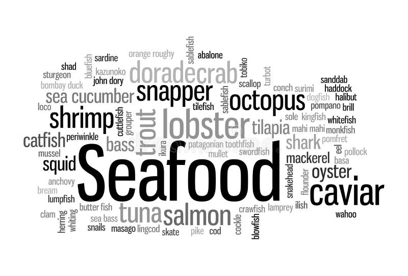 Seafood word cloud stock illustration. Illustration of cuisine 96364950