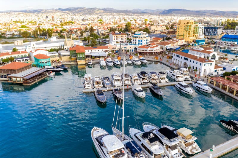 Seafront cafes and restaurants in Limassol marina, aerial view