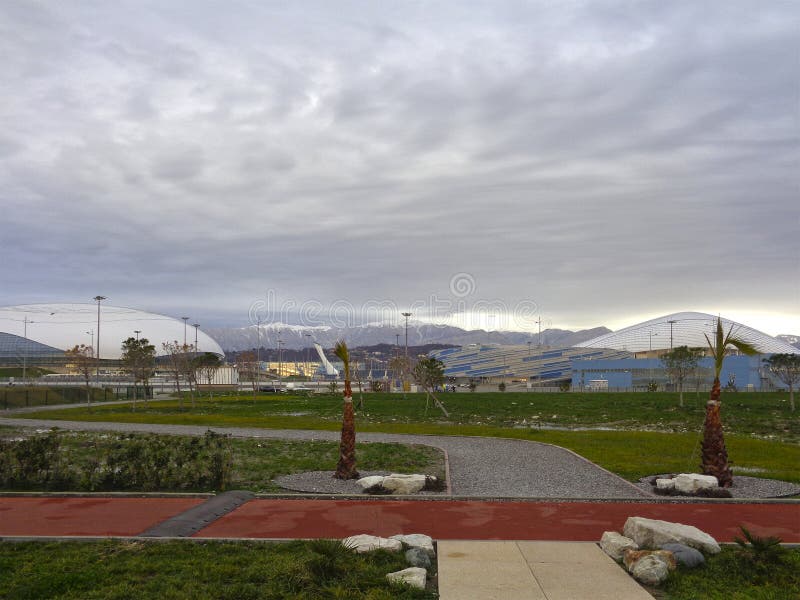 Seafront promenade and Sochi Olympic Park royalty free stock image Seafront promenade and Sochi Olympic Park royalty free stock image