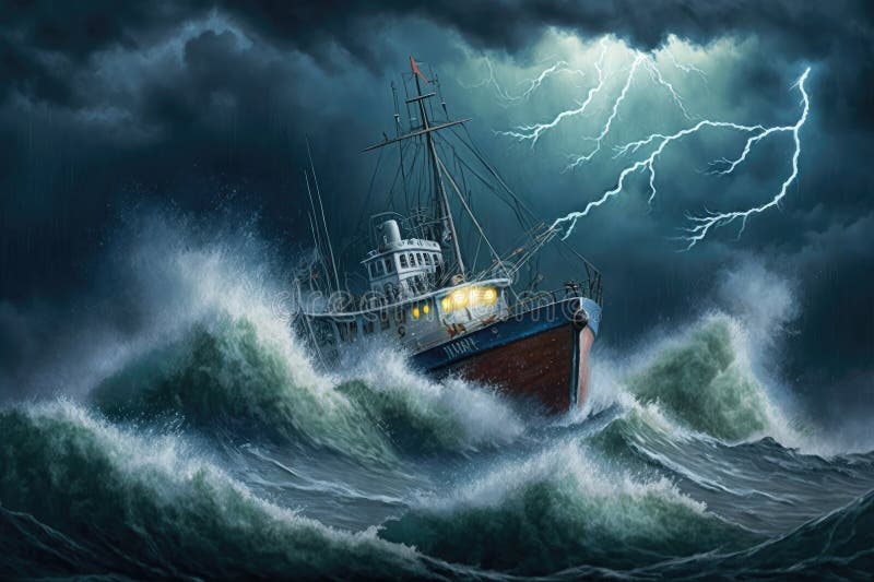 Seagoing Boat Sailing In Heavy Storm On High Seas Against Background Of