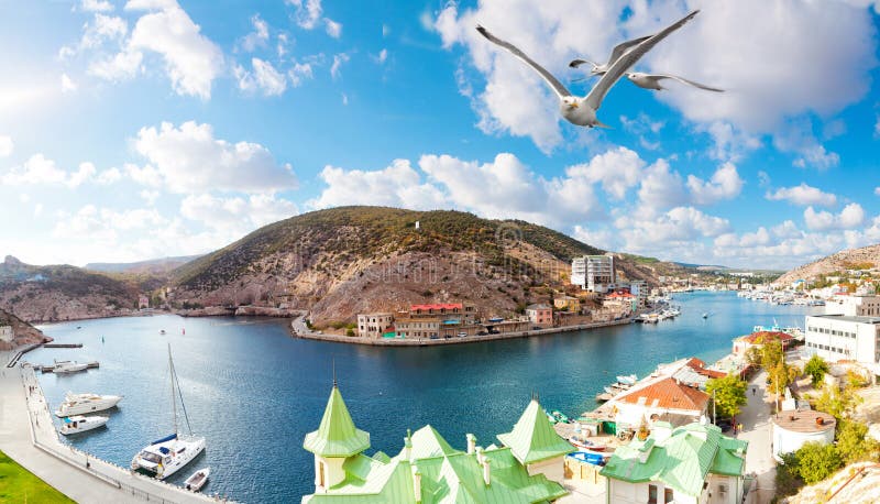 Seagulls fly over Balaklava Bay