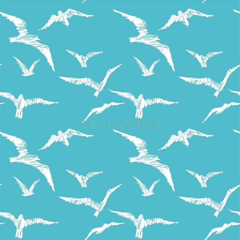 Seagulls. Vector seamless pattern with birds in the sky. Hand dr