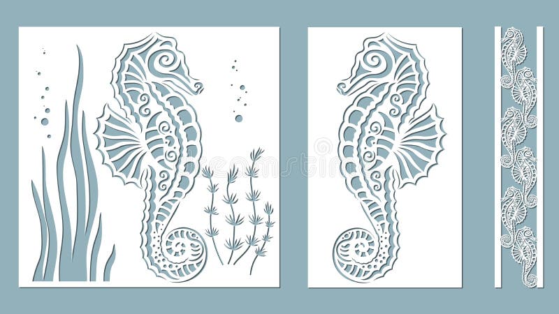 Seahorse, algae, Kelp, Brown alga, Posidonia. Vector illustration. Laser cut. Set template for laser cutting and Plotter. Vector