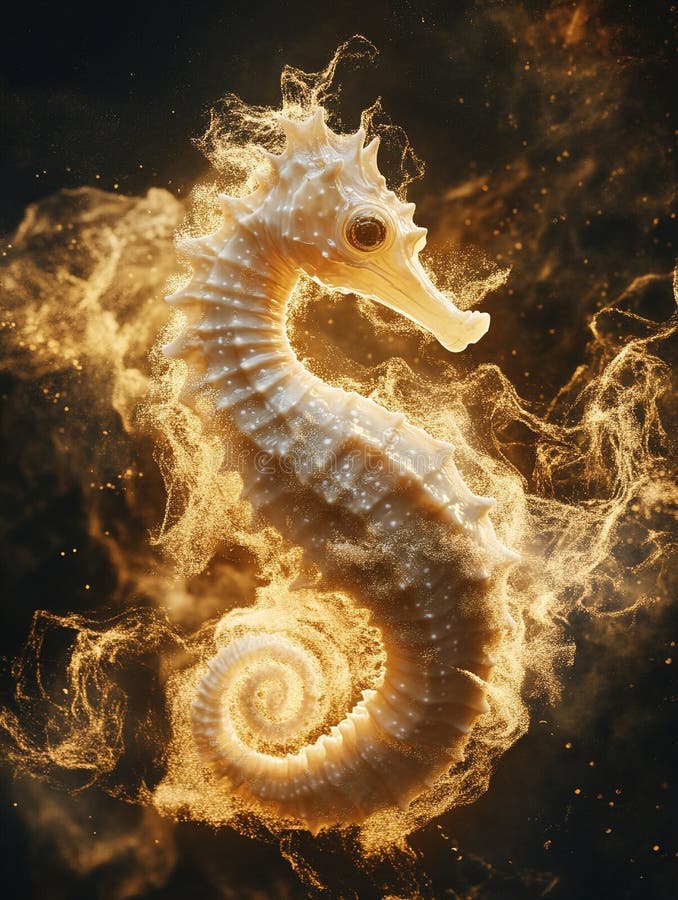 A seahorse on a dark, solid background with gold specks stock illustration