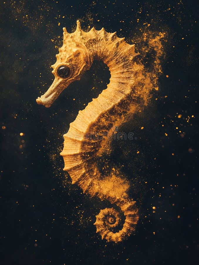 A seahorse on a dark, solid background with gold specks stock illustration