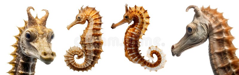 Seahorse fish, many angles and view portrait side back head shot isolated on transparent, PNG