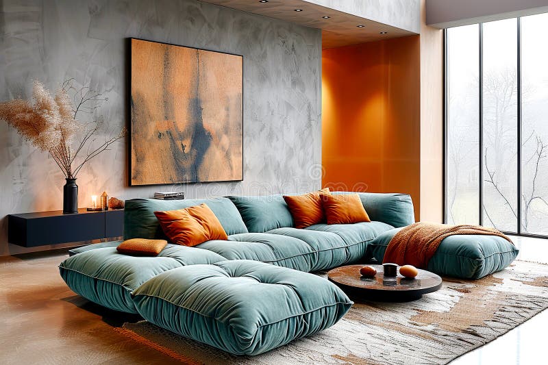 Seal-molekylsofa mot grå stuckvägg. Minimalistisk inredningsdesign i det moderna vardagsrummet. ai royaltyfri illustrationer