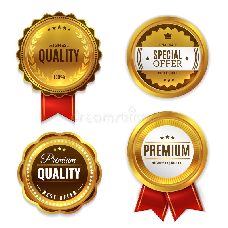 Seal quality labels gold badges. Sale and discount golden 3d medals with red ribbons, premium stamps and genuine