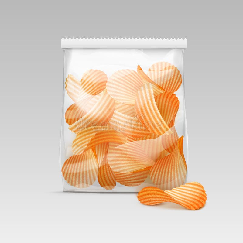 Sealed Transparent Plastic Bag with Potato Chips on White Background