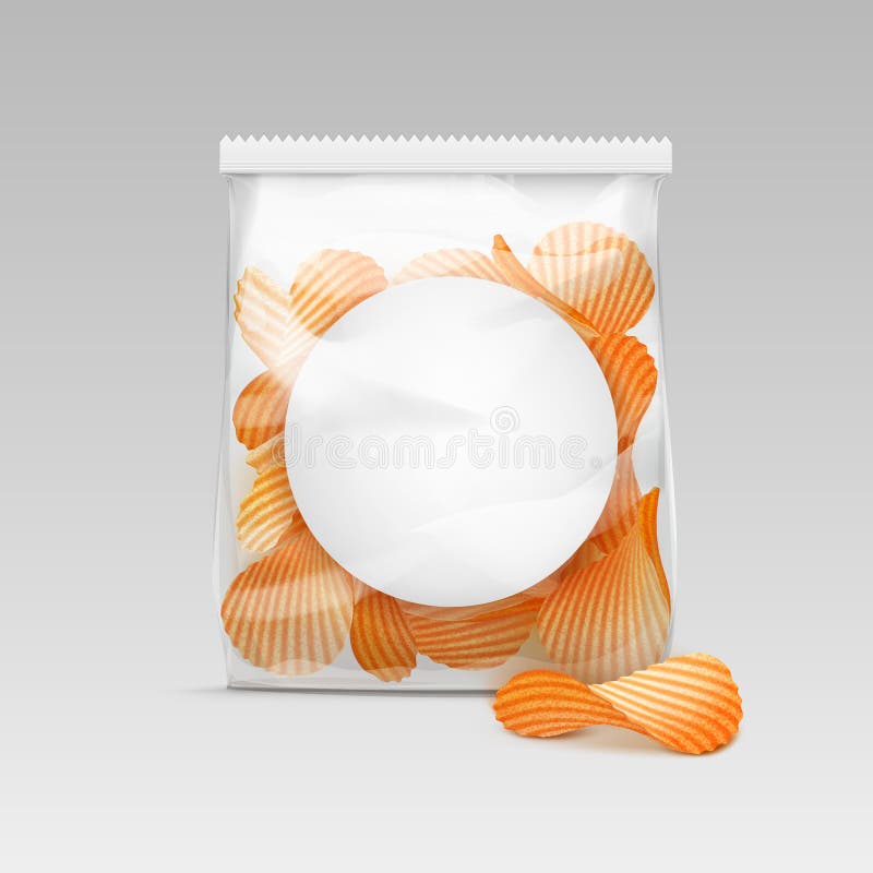 Sealed Transparent Plastic Bag with Potato Chips on White Background