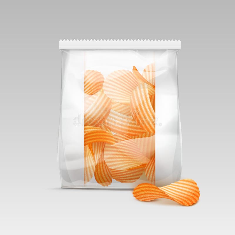 Sealed Transparent Plastic Bag with Potato Chips on White Background