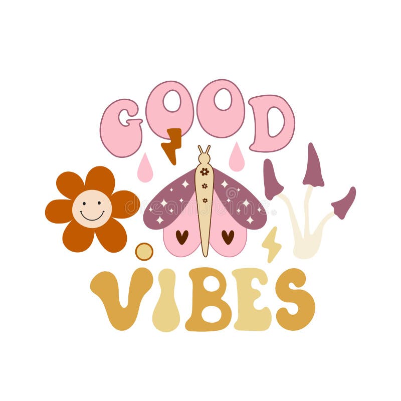 Good Vibes. Cartoon Mushroom, Butterflies, Flowers, Hand Drawing