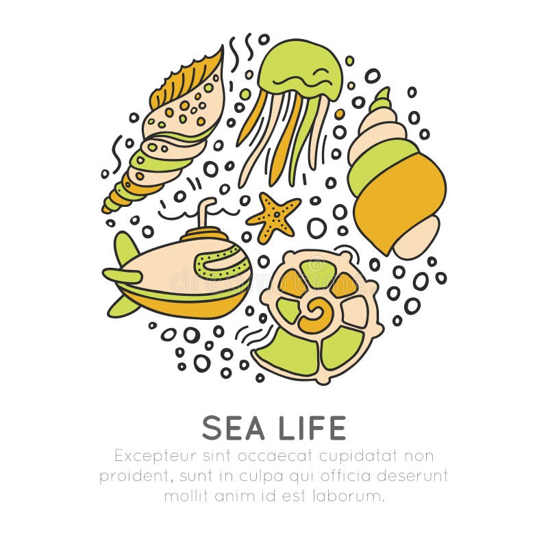 Sealife vector sketched cartoon concept. Seashell, seastar, jellyfish and submarine in one round form with decorative royalty free illustration Sealife vector sketched cartoon concept. Seashell, seastar, jellyfish and submarine in one round form with decorative royalty free illustration