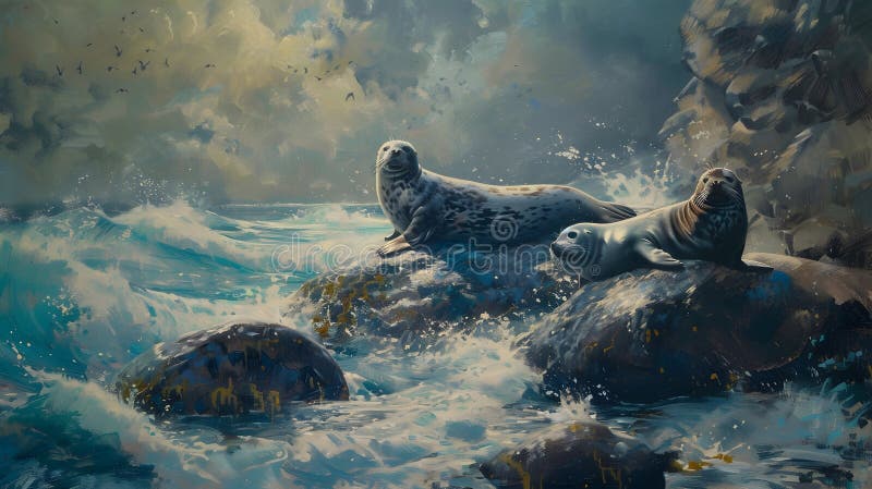 Seals on rocks by the sea stock illustration. Illustration of reef ...