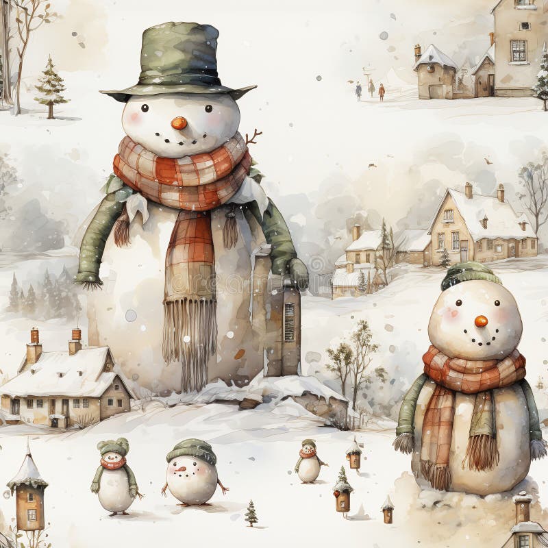 Seamles pattern with snowmen, trees and houses