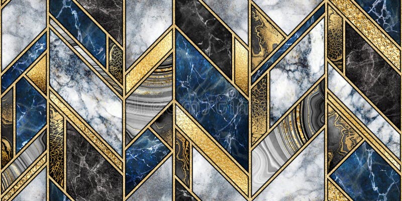 Seamless abstract background, modern marble mosaic, art deco wallpaper, artificial stone texture, blue gold marbled tile