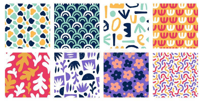 Seamless abstract color shapes patterns. Modern art geometric stamp shape, colorful scribble poster and scribble hand drawn objects on grid pattern vector set. Creative wallpaper, textile design