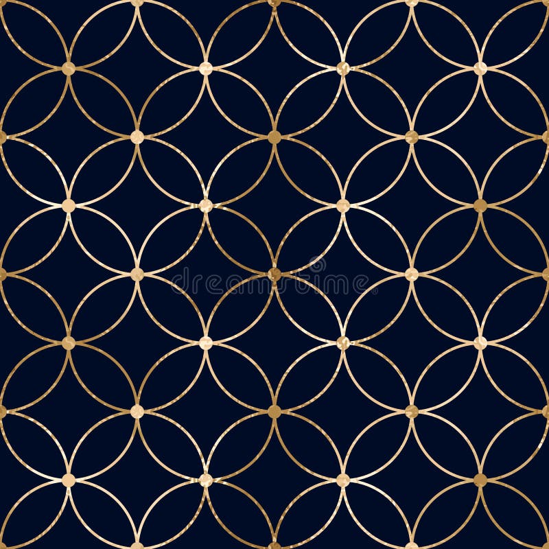 Seamless abstract geometric pattern with gold lines and segments circles on blue background